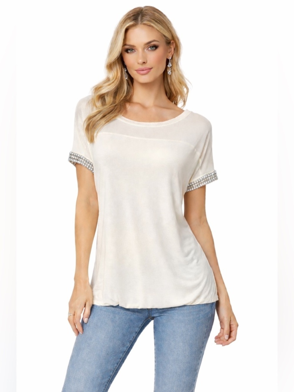 INC Women’s White Top Size 1X Rhinestone On Sleeves Elastic Bottom Sheer On Top